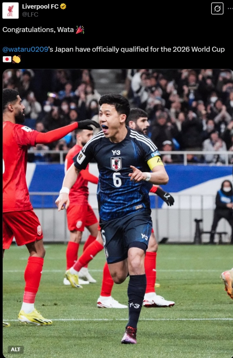 利物浦官推晒远藤航照片,祝贺其随日本队提前晋级世界杯